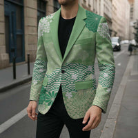 Green Palaka Japanese Patterns Blazer Asanoha Seigaiha Sakura Motif LT14 - Polynesian Pride