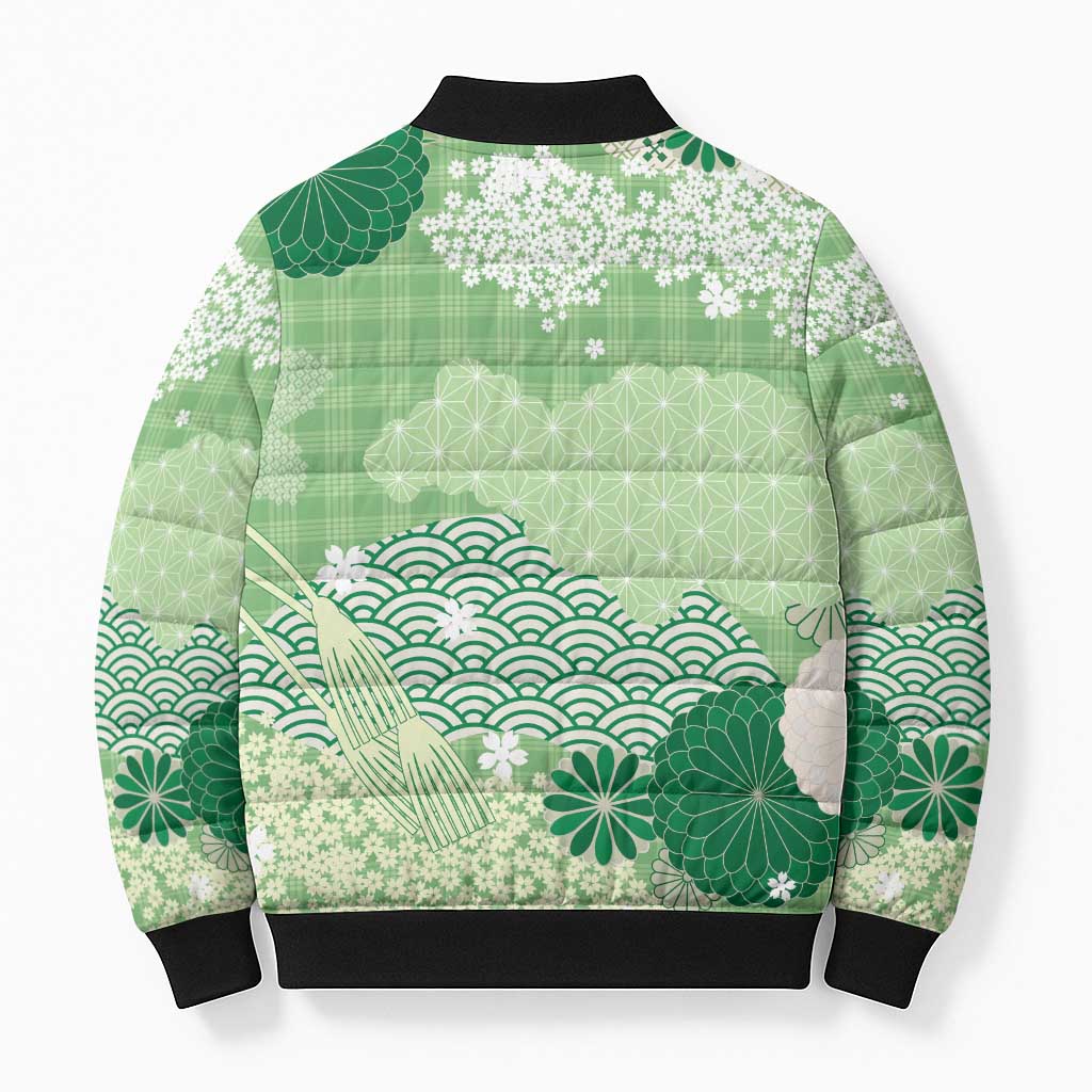 Green Palaka Japanese Patterns Bomber Puffer Jacket Asanoha Seigaiha Sakura Motif LT14 - Polynesian Pride