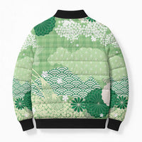 Green Palaka Japanese Patterns Bomber Puffer Jacket Asanoha Seigaiha Sakura Motif LT14 - Polynesian Pride