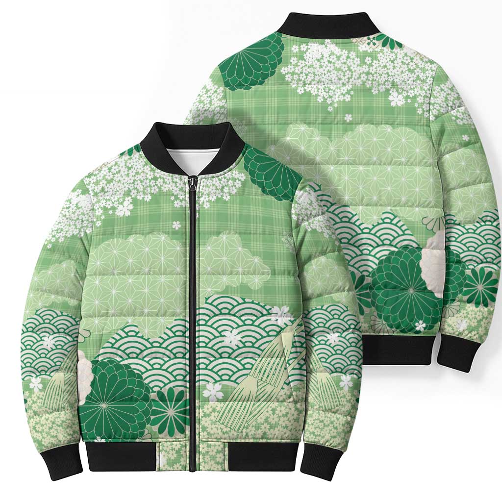 Green Palaka Japanese Patterns Bomber Puffer Jacket Asanoha Seigaiha Sakura Motif LT14 - Polynesian Pride