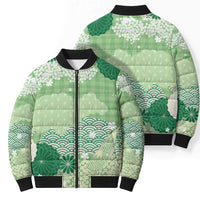 Green Palaka Japanese Patterns Bomber Puffer Jacket Asanoha Seigaiha Sakura Motif LT14 - Polynesian Pride