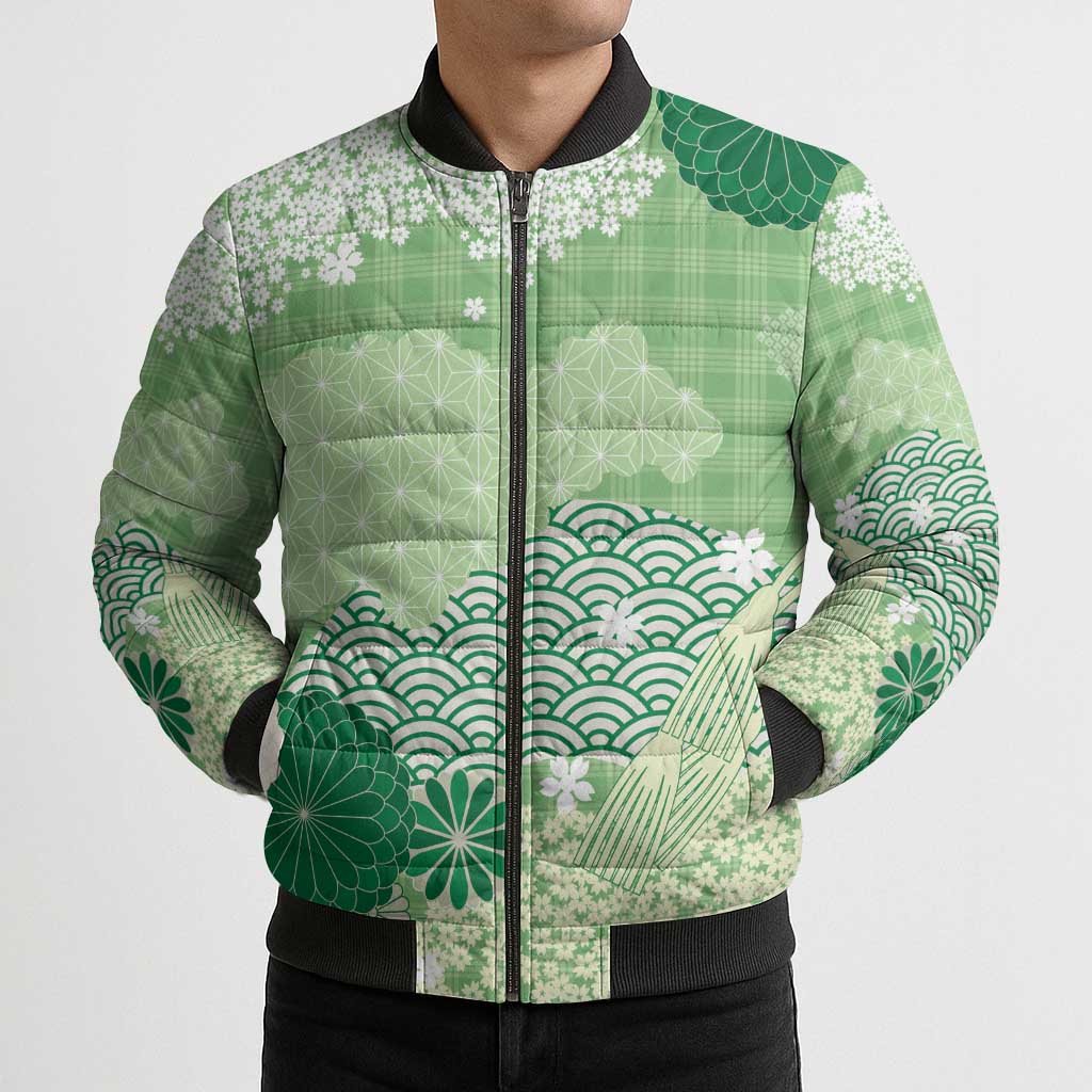 Green Palaka Japanese Patterns Bomber Puffer Jacket Asanoha Seigaiha Sakura Motif LT14 - Polynesian Pride