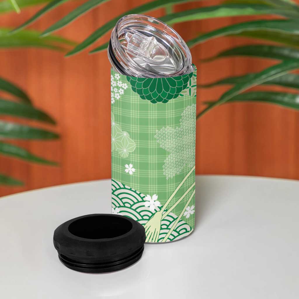 Green Palaka Japanese Patterns 4 in 1 Can Cooler Tumbler Asanoha Seigaiha Sakura Motif - Polynesian Pride