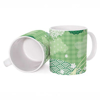 Green Palaka Japanese Patterns Ceramic Mug Asanoha Seigaiha Sakura Motif - Polynesian Pride