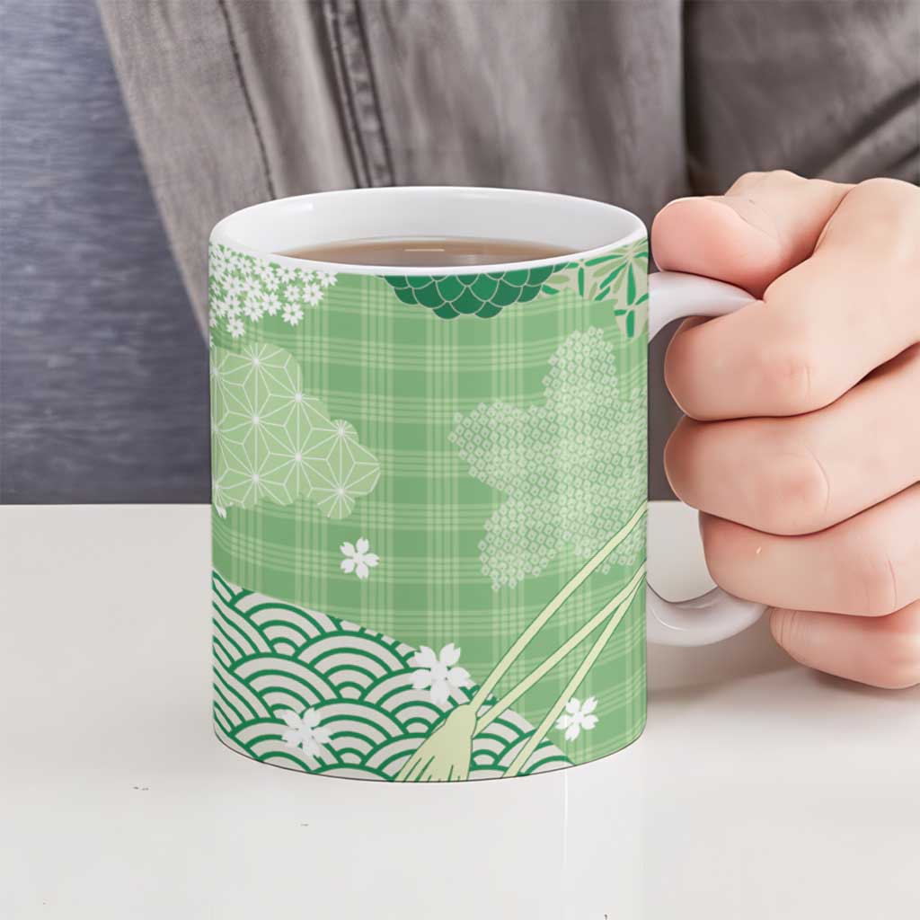 Green Palaka Japanese Patterns Ceramic Mug Asanoha Seigaiha Sakura Motif - Polynesian Pride