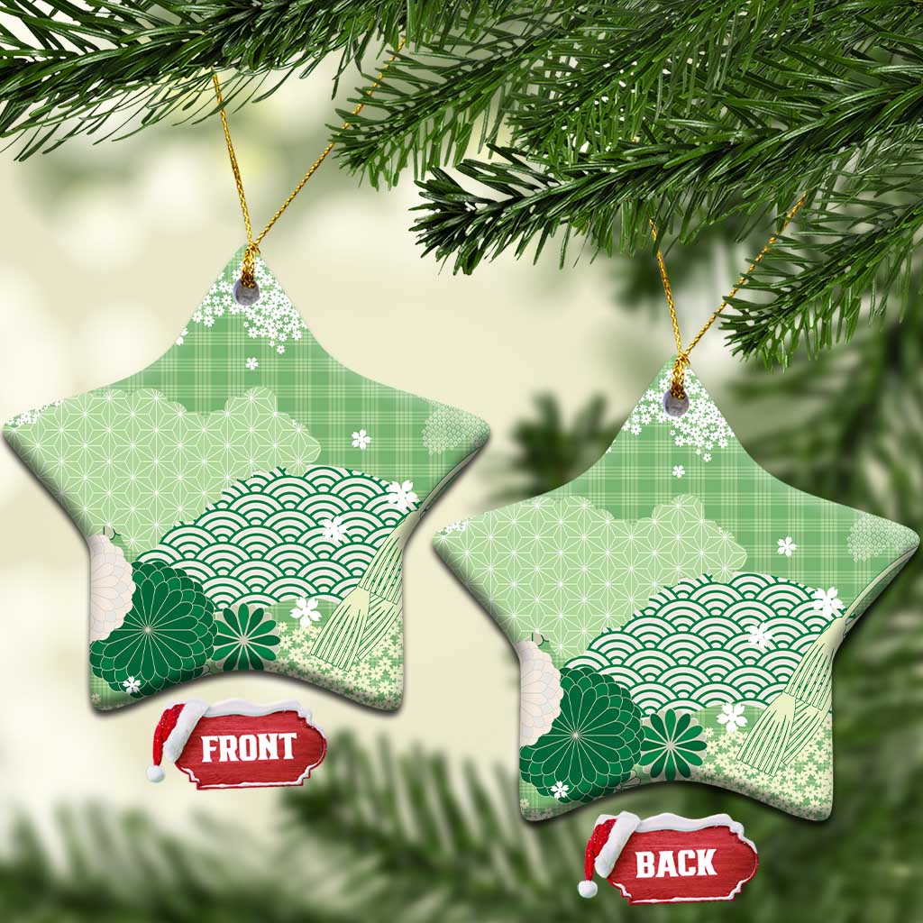 Green Palaka Japanese Patterns Ceramic Ornament Asanoha Seigaiha Sakura Motif LT14 Star Green - Polynesian Pride