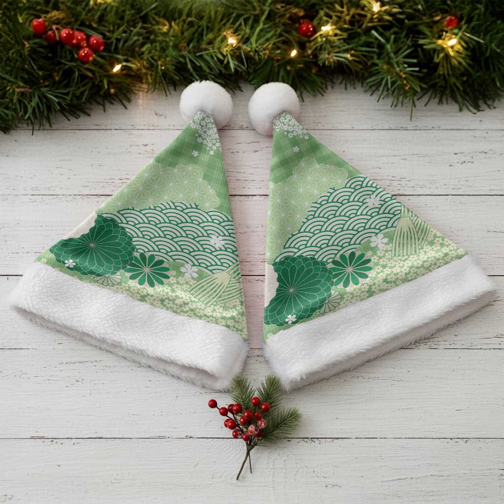Green Palaka Japanese Patterns Christmas Santa Hat Asanoha Seigaiha Sakura Motif - Polynesian Pride