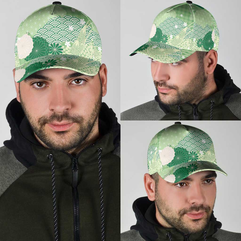 Green Japanese Traditional Motifs Classic Cap Palaka With Asanoha Seigaiha Sakura - Polynesian Pride
