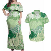 Green Palaka Japanese Patterns Couples Matching Off Shoulder Maxi Dress and Hawaiian Shirt Asanoha Seigaiha Sakura Motif - Polynesian Pride