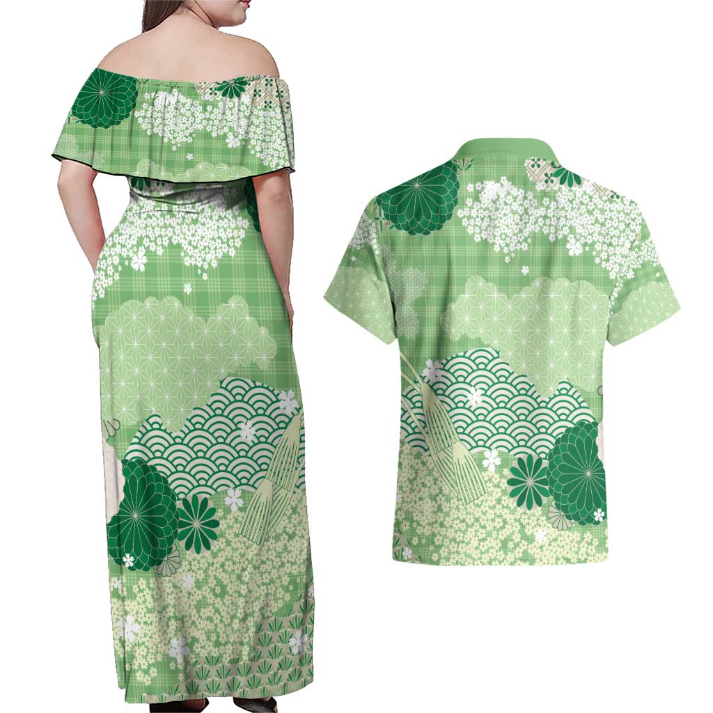 Green Palaka Japanese Patterns Couples Matching Off Shoulder Maxi Dress and Hawaiian Shirt Asanoha Seigaiha Sakura Motif - Polynesian Pride