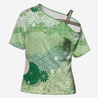 Green Palaka Japanese Patterns Cross Shoulder Shirt Asanoha Seigaiha Sakura Motif LT14 Female Green - Polynesian Pride