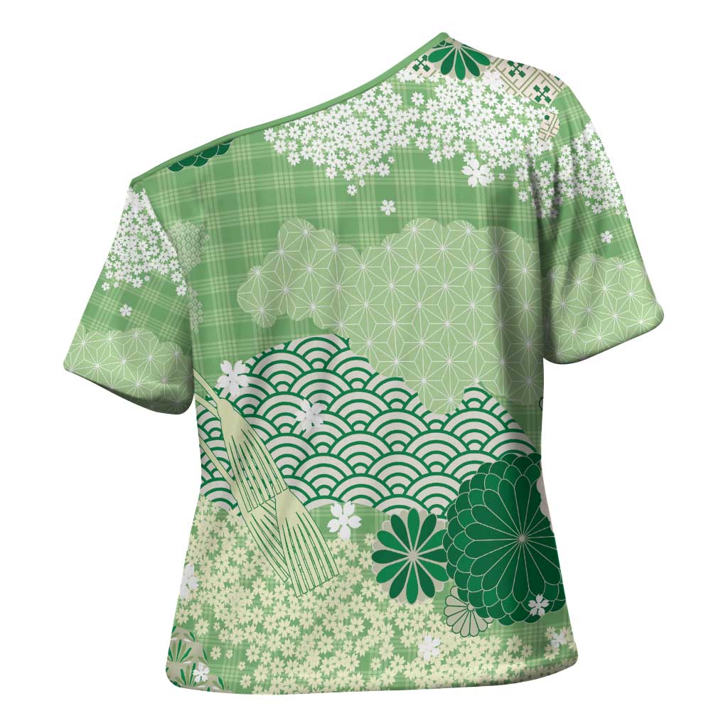 Green Palaka Japanese Patterns Cross Shoulder Shirt Asanoha Seigaiha Sakura Motif LT14 - Polynesian Pride