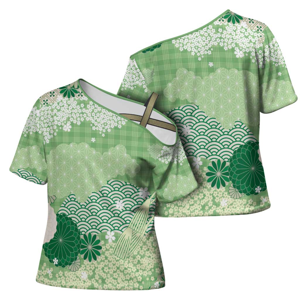 Green Palaka Japanese Patterns Cross Shoulder Shirt Asanoha Seigaiha Sakura Motif LT14 - Polynesian Pride
