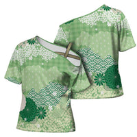 Green Palaka Japanese Patterns Cross Shoulder Shirt Asanoha Seigaiha Sakura Motif LT14 - Polynesian Pride