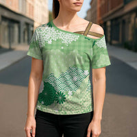 Green Palaka Japanese Patterns Cross Shoulder Shirt Asanoha Seigaiha Sakura Motif LT14 - Polynesian Pride