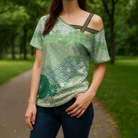 Green Palaka Japanese Patterns Cross Shoulder Shirt Asanoha Seigaiha Sakura Motif LT14 - Polynesian Pride