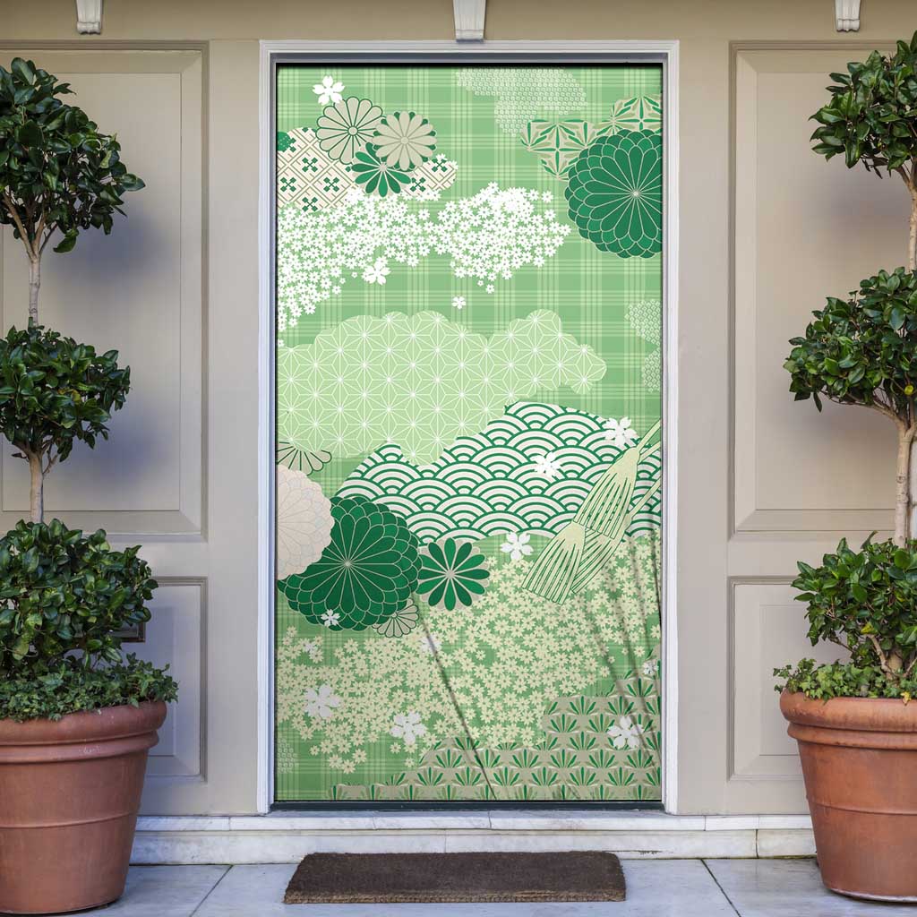 Green Palaka Japanese Patterns Door Cover Asanoha Seigaiha Sakura Motif - Polynesian Pride