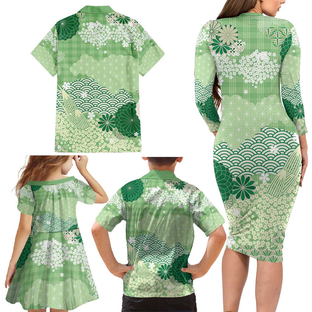 Green Palaka Japanese Patterns Family Matching Long Sleeve Bodycon Dress and Hawaiian Shirt Asanoha Seigaiha Sakura Motif - Polynesian Pride