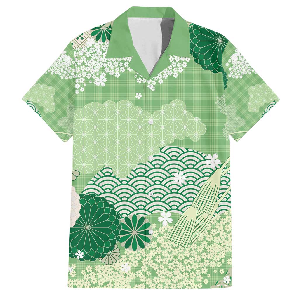 Green Palaka Japanese Patterns Family Matching Long Sleeve Bodycon Dress and Hawaiian Shirt Asanoha Seigaiha Sakura Motif - Polynesian Pride