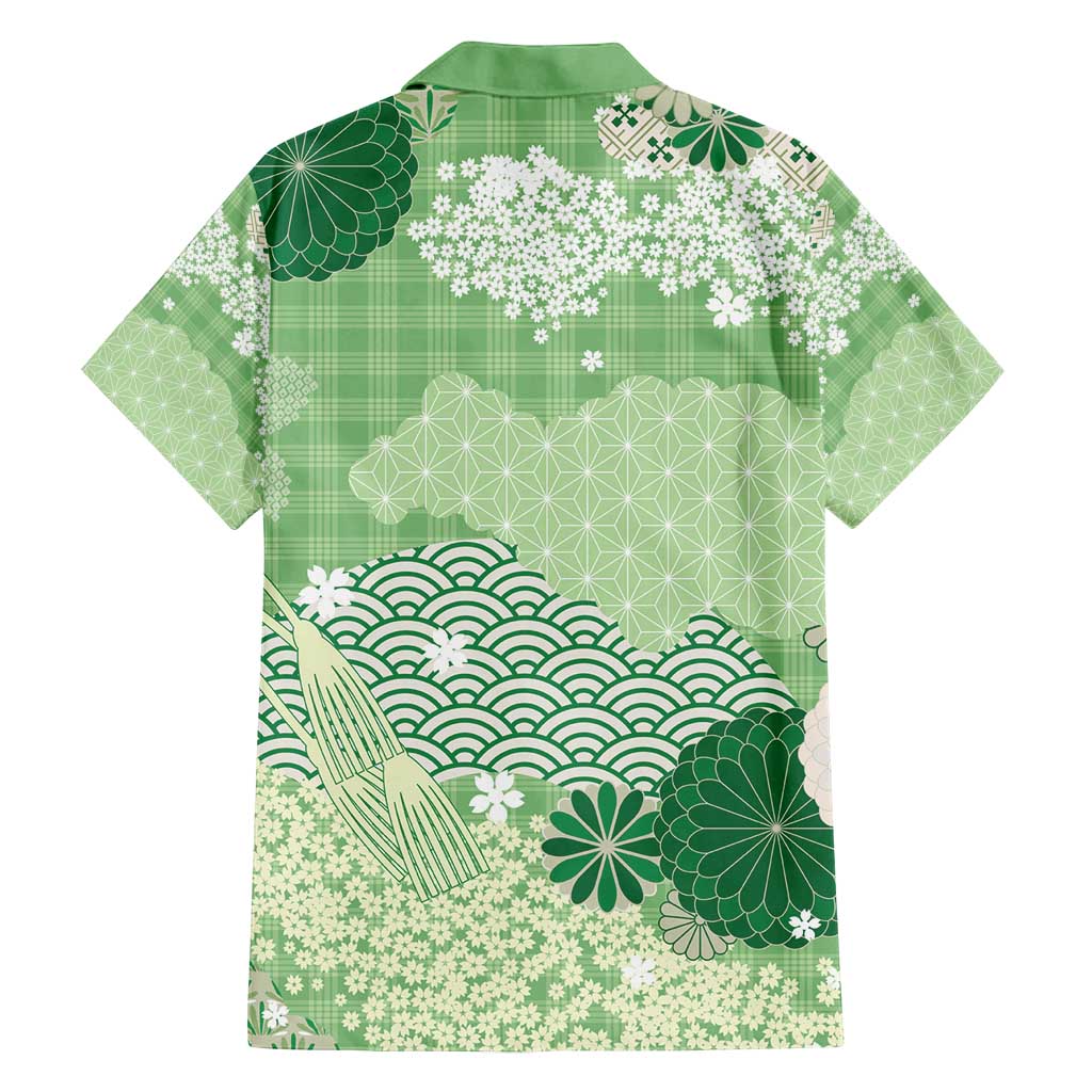 Green Palaka Japanese Patterns Family Matching Long Sleeve Bodycon Dress and Hawaiian Shirt Asanoha Seigaiha Sakura Motif - Polynesian Pride