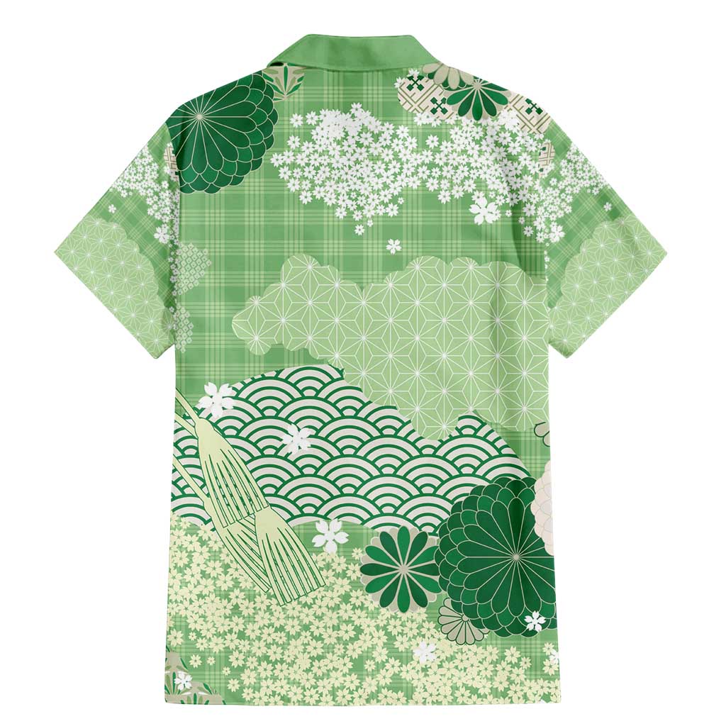 Green Palaka Japanese Patterns Family Matching Mermaid Dress and Hawaiian Shirt Asanoha Seigaiha Sakura Motif - Polynesian Pride