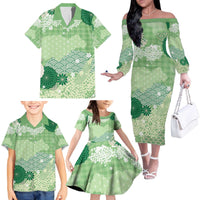 Green Palaka Japanese Patterns Family Matching Off The Shoulder Long Sleeve Dress and Hawaiian Shirt Asanoha Seigaiha Sakura Motif - Polynesian Pride