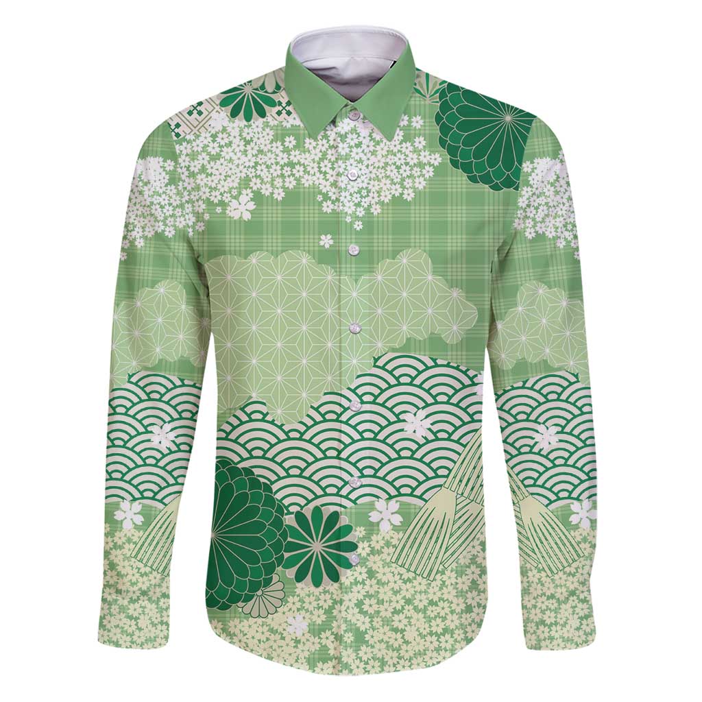 Green Palaka Japanese Patterns Family Matching Puletasi and Hawaiian Shirt Asanoha Seigaiha Sakura Motif - Polynesian Pride