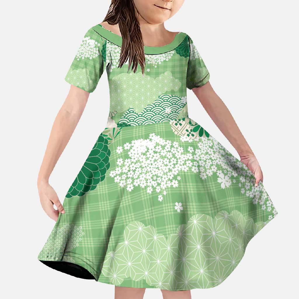 Green Palaka Japanese Patterns Family Matching Short Sleeve Bodycon Dress and Hawaiian Shirt Asanoha Seigaiha Sakura Motif - Polynesian Pride