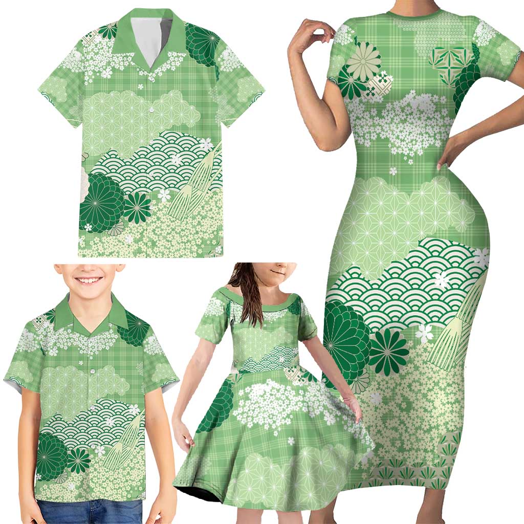Green Palaka Japanese Patterns Family Matching Short Sleeve Bodycon Dress and Hawaiian Shirt Asanoha Seigaiha Sakura Motif - Polynesian Pride