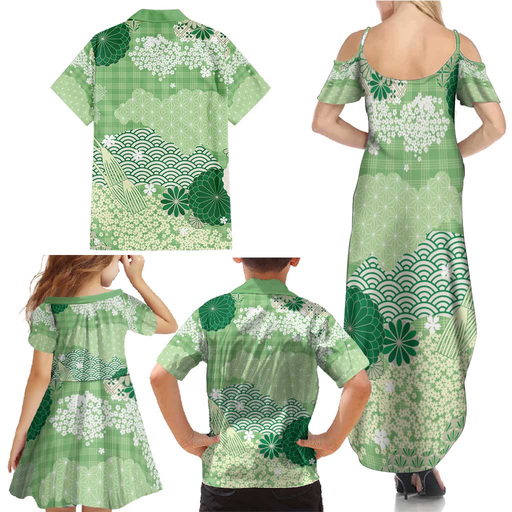 Green Palaka Japanese Patterns Family Matching Summer Maxi Dress and Hawaiian Shirt Asanoha Seigaiha Sakura Motif - Polynesian Pride
