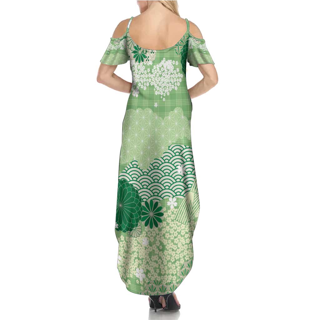 Green Palaka Japanese Patterns Family Matching Summer Maxi Dress and Hawaiian Shirt Asanoha Seigaiha Sakura Motif - Polynesian Pride