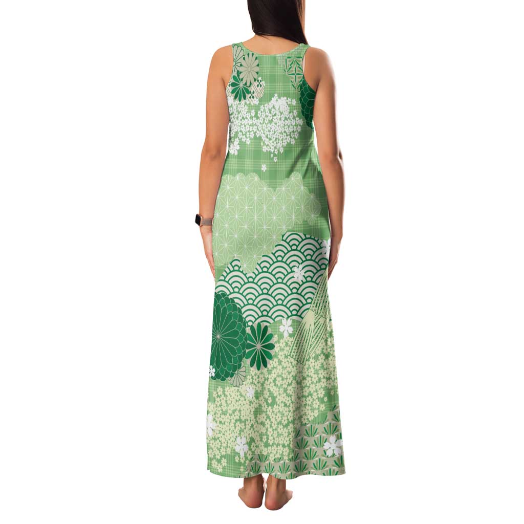Green Palaka Japanese Patterns Family Matching Tank Maxi Dress and Hawaiian Shirt Asanoha Seigaiha Sakura Motif - Polynesian Pride