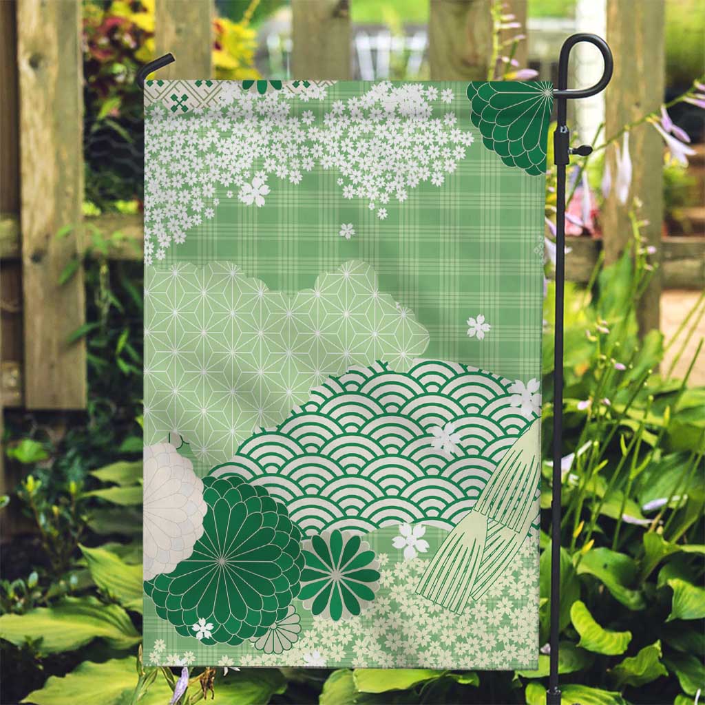 Green Palaka Japanese Patterns Garden Flag Asanoha Seigaiha Sakura Motif - Polynesian Pride