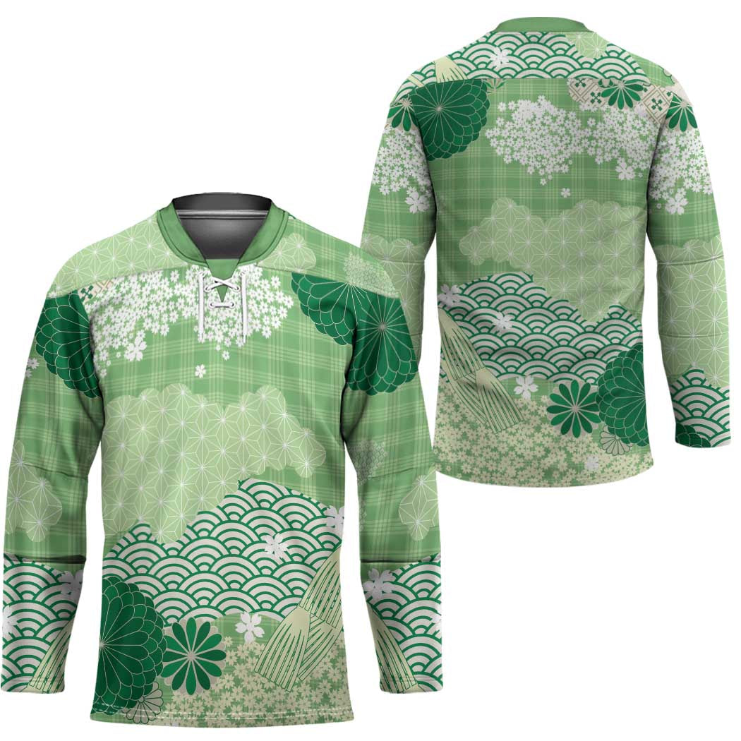 Green Palaka Japanese Patterns Hockey Jersey Asanoha Seigaiha Sakura Motif - Polynesian Pride