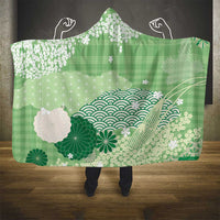 Green Palaka Japanese Patterns Hooded Blanket Asanoha Seigaiha Sakura Motif - Polynesian Pride