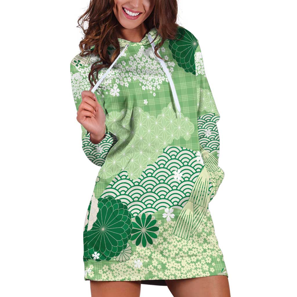 Green Palaka Japanese Patterns Hoodie Dress Asanoha Seigaiha Sakura Motif - Polynesian Pride