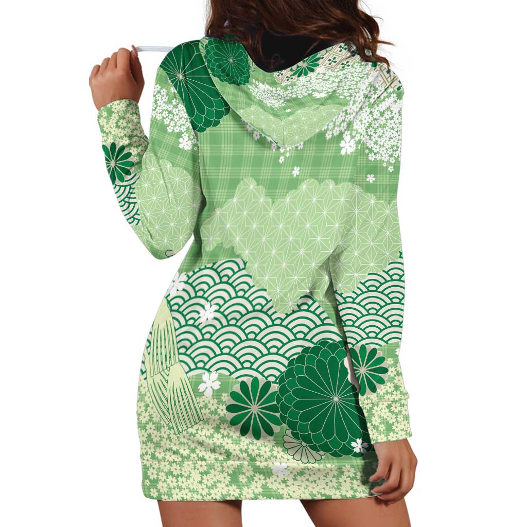 Green Palaka Japanese Patterns Hoodie Dress Asanoha Seigaiha Sakura Motif - Polynesian Pride
