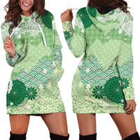 Green Palaka Japanese Patterns Hoodie Dress Asanoha Seigaiha Sakura Motif - Polynesian Pride