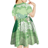 Green Palaka Japanese Patterns Kid Short Sleeve Dress Asanoha Seigaiha Sakura Motif - Polynesian Pride