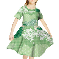 Green Palaka Japanese Patterns Kid Short Sleeve Dress Asanoha Seigaiha Sakura Motif - Polynesian Pride