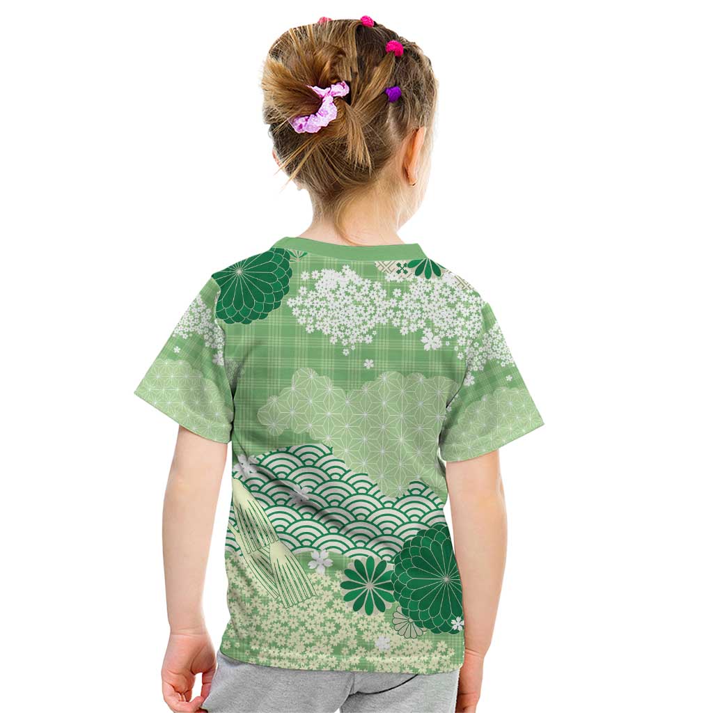 Green Palaka Japanese Patterns Kid T Shirt Asanoha Seigaiha Sakura Motif - Polynesian Pride