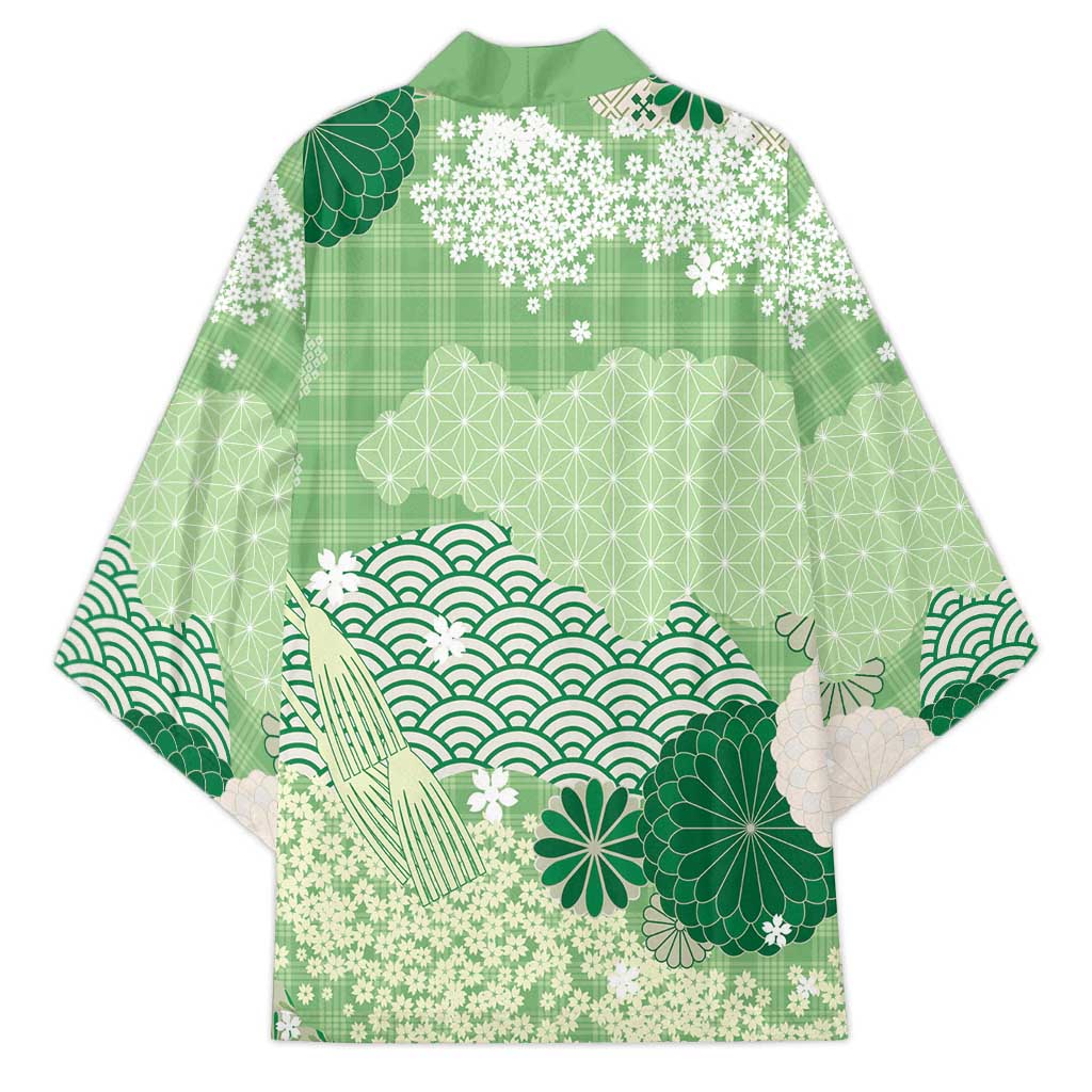 Green Palaka Japanese Patterns Kimono Asanoha Seigaiha Sakura Motif - Polynesian Pride