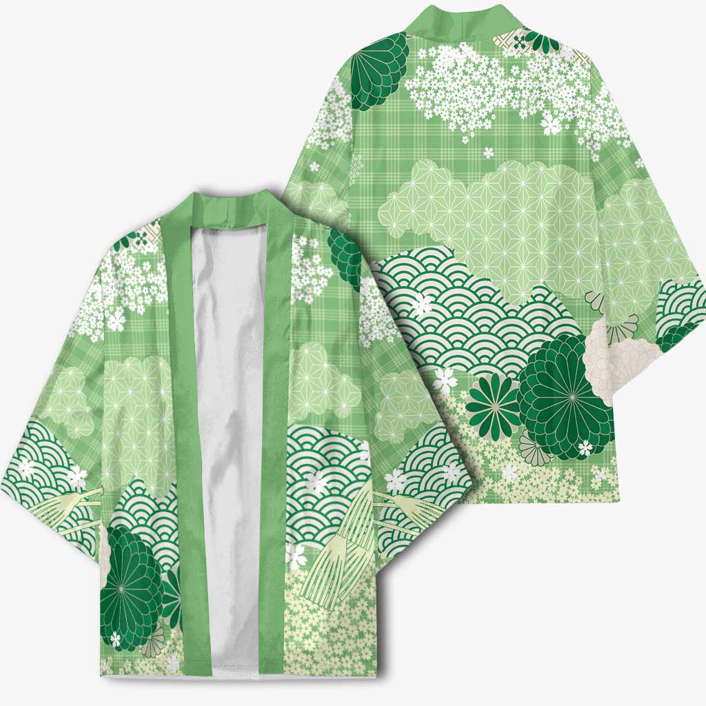 Green Palaka Japanese Patterns Kimono Asanoha Seigaiha Sakura Motif - Polynesian Pride
