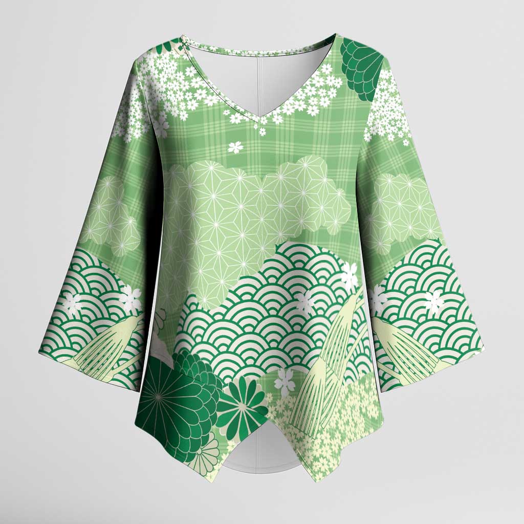 Green Palaka Japanese Patterns Kimono Sleeve Blouse Asanoha Seigaiha Sakura Motif LT14 Female Green - Polynesian Pride