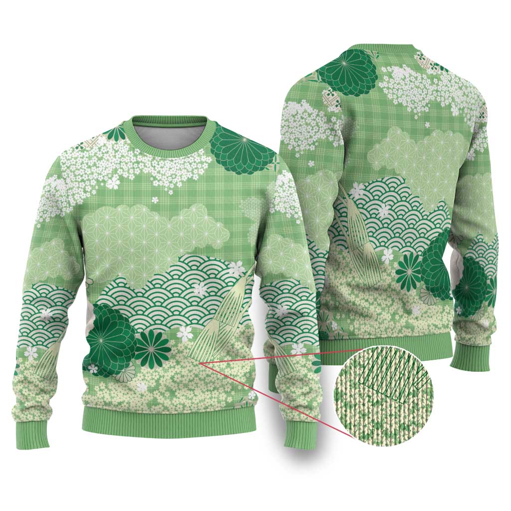 Green Palaka Japanese Patterns Ugly Christmas Sweater Asanoha Seigaiha Sakura Motif - Polynesian Pride