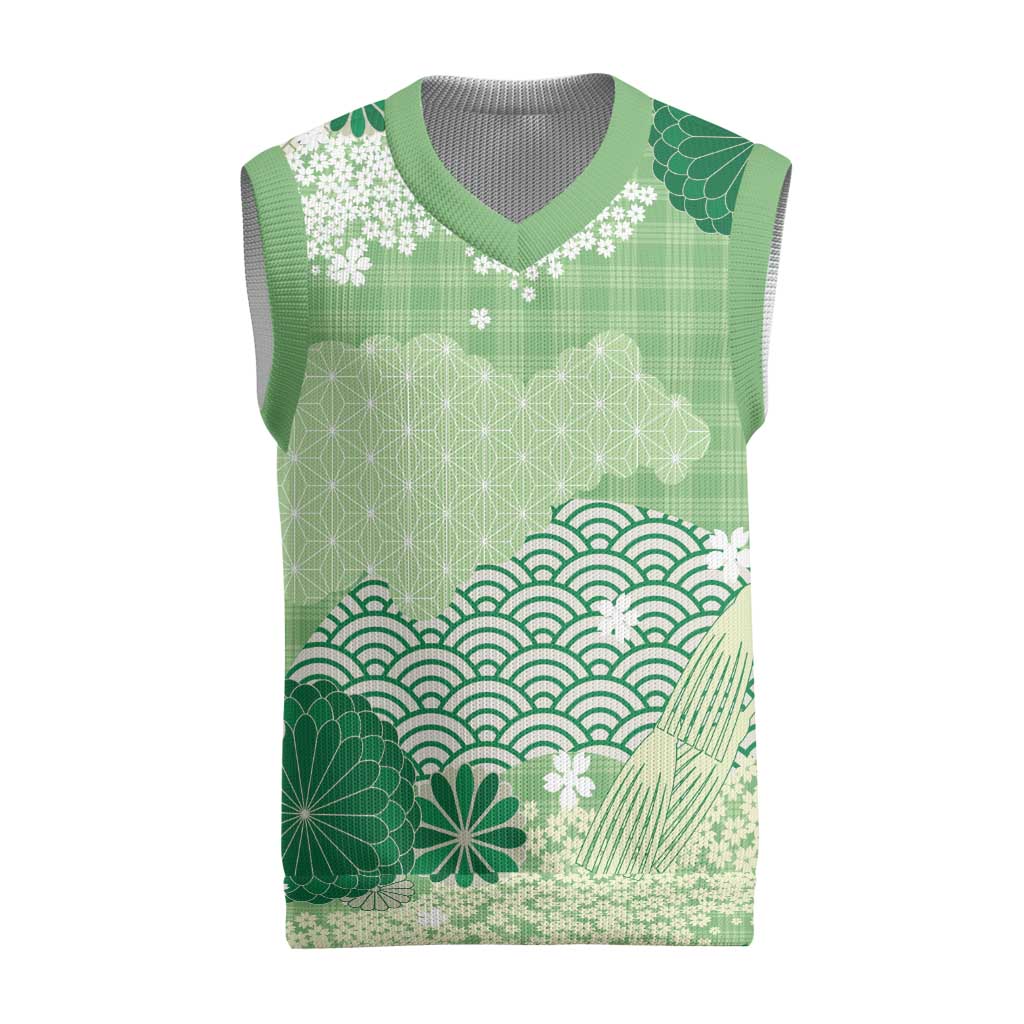 Green Palaka Japanese Patterns Christmas Knitted V-Neck Vest Asanoha Seigaiha Sakura Motif LT14 Green - Polynesian Pride