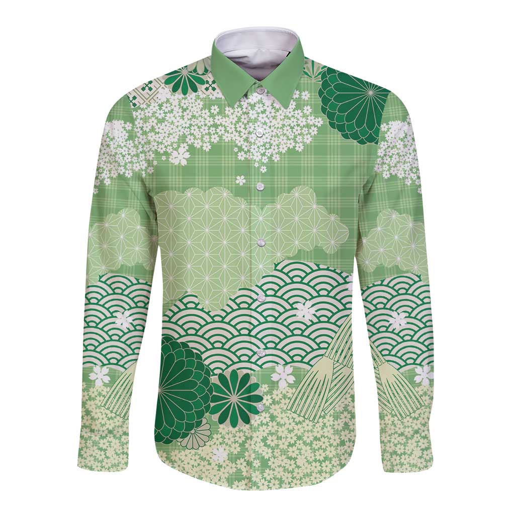 Green Palaka Japanese Patterns Long Sleeve Button Shirt Asanoha Seigaiha Sakura Motif LT14 Unisex Green - Polynesian Pride