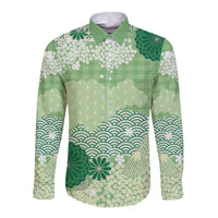 Green Palaka Japanese Patterns Long Sleeve Button Shirt Asanoha Seigaiha Sakura Motif LT14 Unisex Green - Polynesian Pride