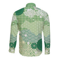 Green Palaka Japanese Patterns Long Sleeve Button Shirt Asanoha Seigaiha Sakura Motif LT14 - Polynesian Pride