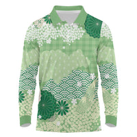 Green Palaka Japanese Patterns Long Sleeve Polo Shirt Asanoha Seigaiha Sakura Motif LT14 Green - Polynesian Pride
